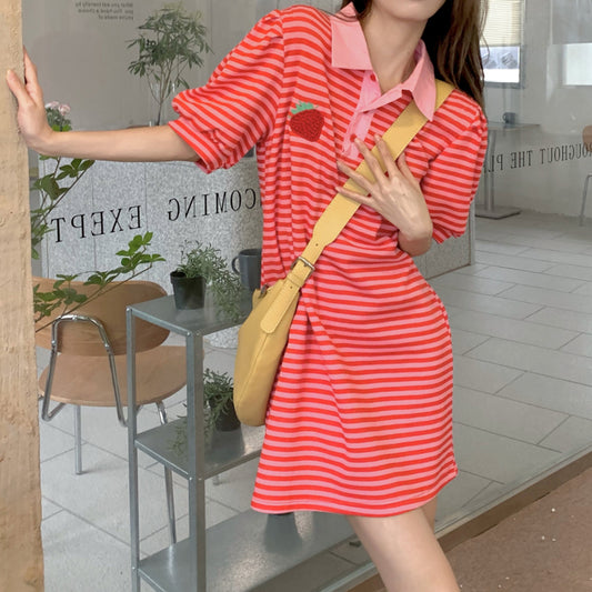 Embroidered Strawberry Stripe Polo Neck Dress Long T-Shirt Dress UB6302