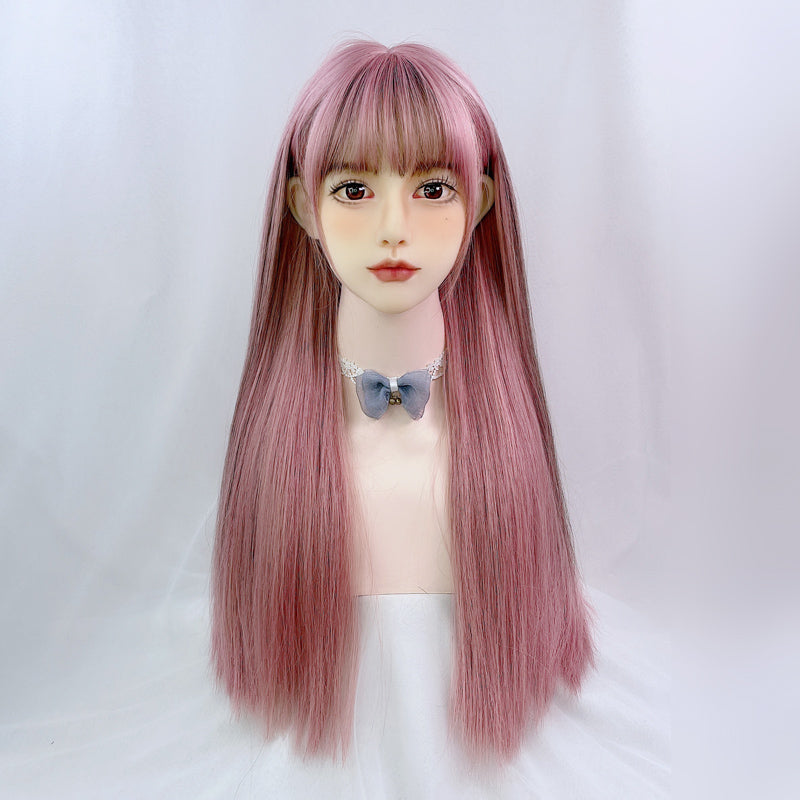 Sweet Cute Pink Brown Highlights Long Straight Wig UB6221