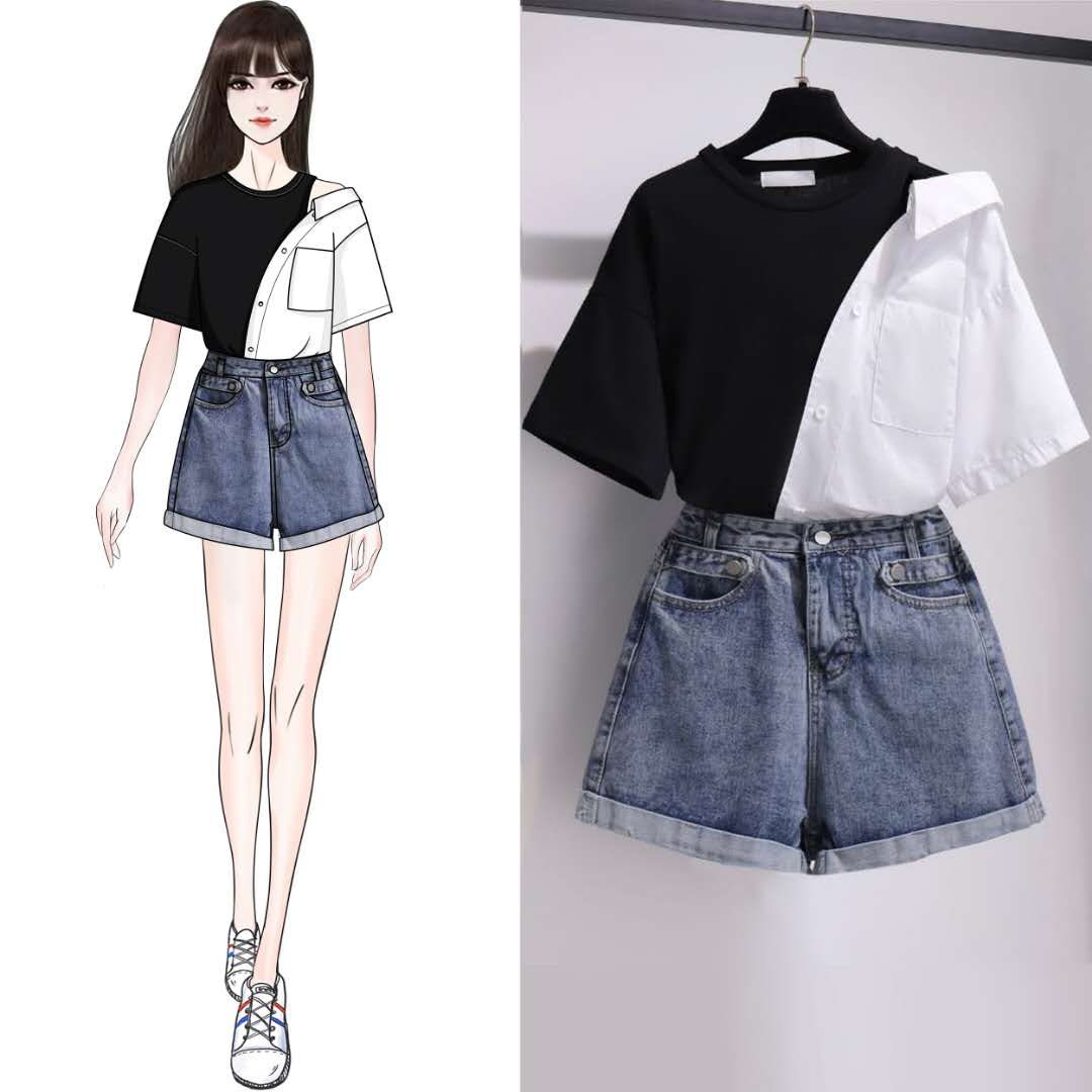 Black White Splice Strapless Shirt Short Pants Two piece Set UB6308