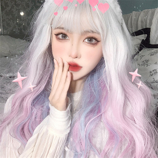 Fairy Dream Silver White Gradient Pink Blue Long Curly Wig UB6153