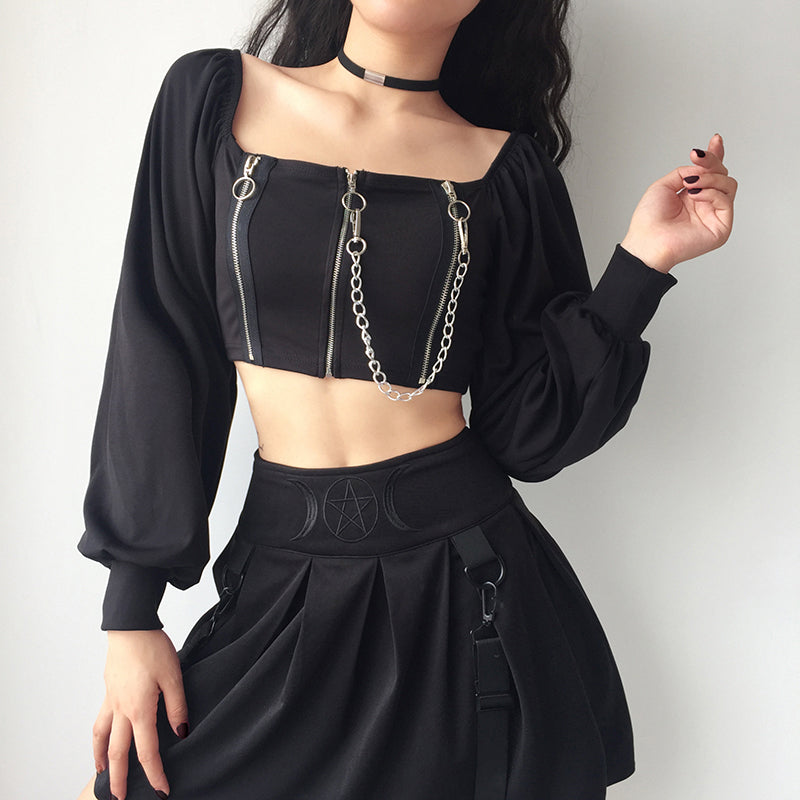 [@gothbynight] "DARK CHAIN SQUARE COLLAR PUFF SLEEVE" TOP K111608