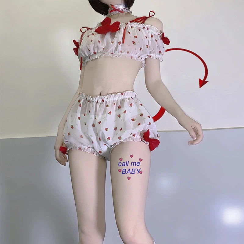 Strawberry Print Suspenders Pajamas EV4110