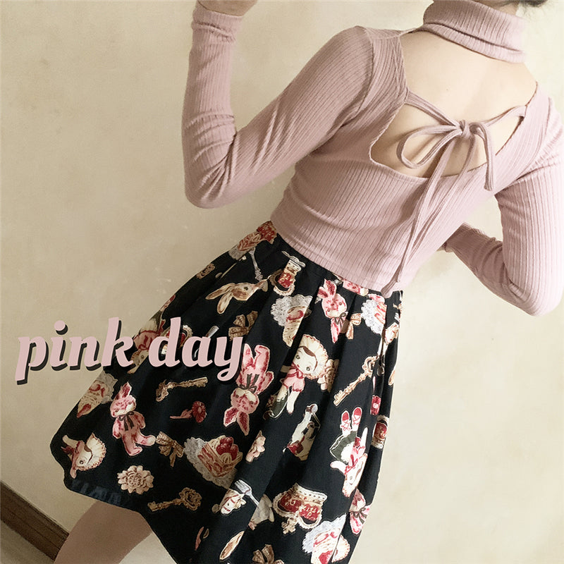 Cute Bow Sexy Babes Backless Long Sleeve Top UB6255