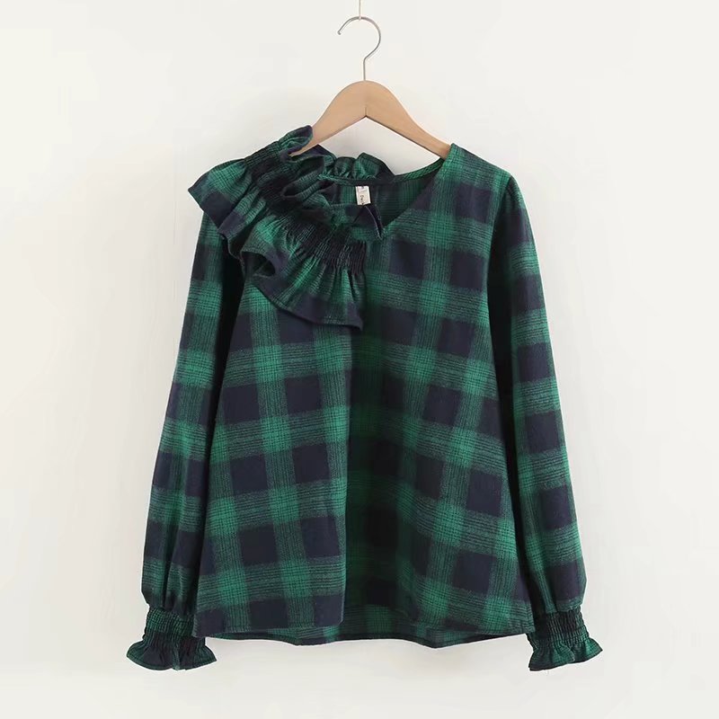 Ruffle-neck Puff-sleeve Plaid Shirt UB6196