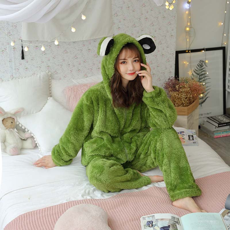 Cute Little Dinosaur Frog Coral Fleece Hooded Pajamas UB3347