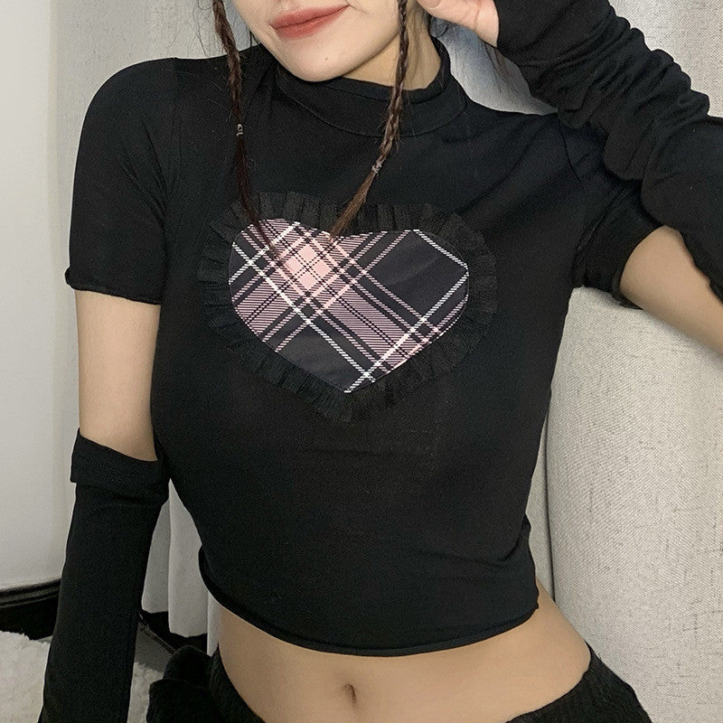 LOVE CONTRASTING COLOR SLEEVE NAVEL BARE T-SHIRT UB3326