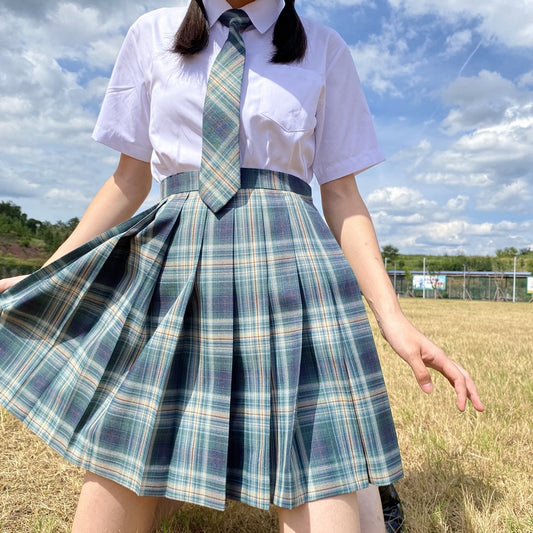 "JK DARK GREEN GRID" PLEATED SKIRT / TIE N073013