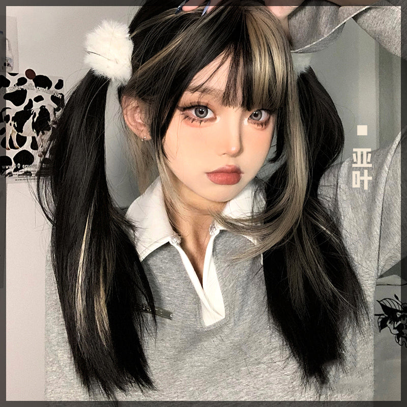 [@flutterow_] Lolita Daily Sweet Cute Black Gold Straight Wig UB3512