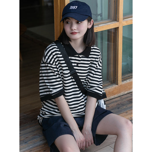 Contrast Color Striped Student T-shirt Japanese Polo Shirt UB6318