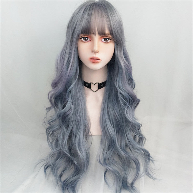 Blue Grey Gradient Long Curly Wig ER5868