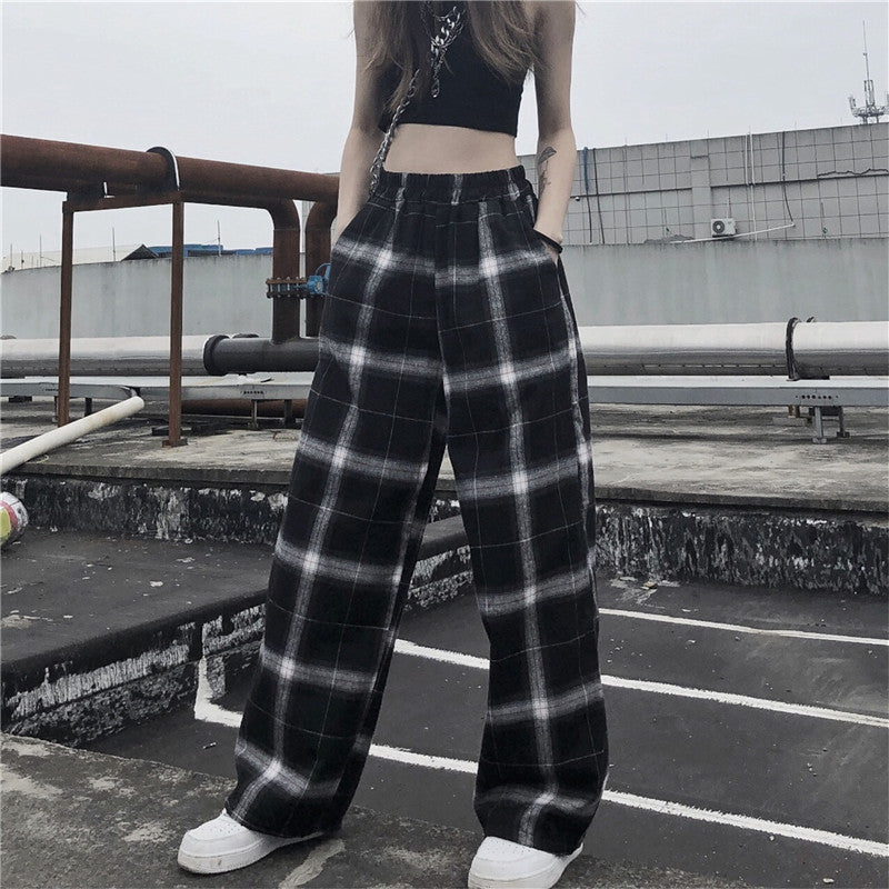 BLACK RETRO PLAID WIDE LEG PANTS UB3277