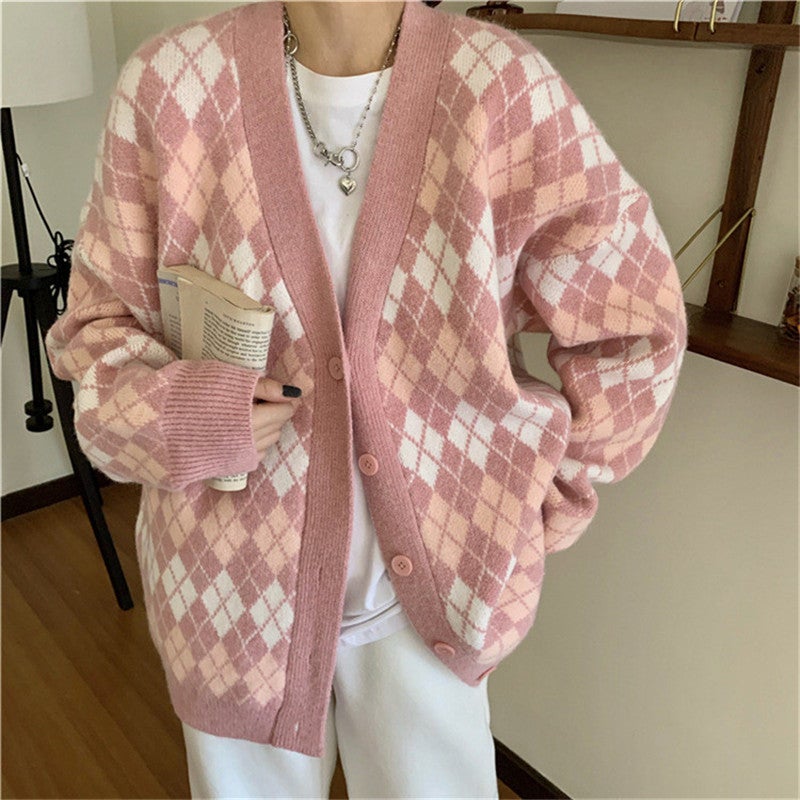 [@binxsicle] VINTAGE DIAMOND KNIT CARDIGAN UB3155