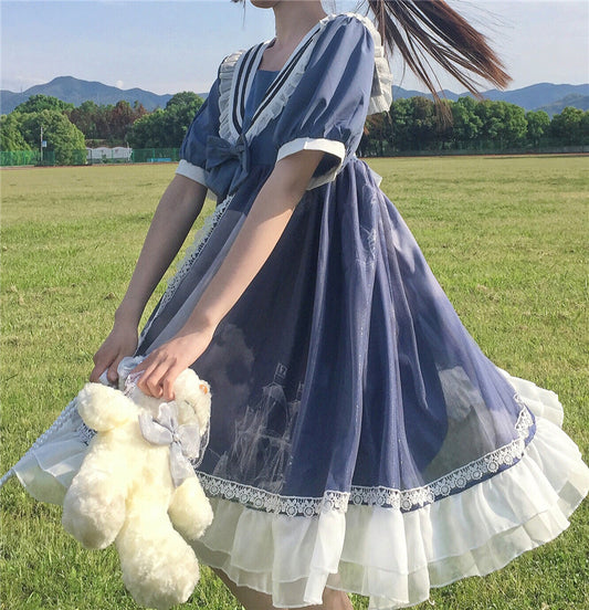 Original Design Lolita Cloud Moon Navy Collar Dress UB6314