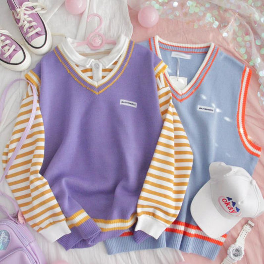 "PURPLE / BLUE V-NECK" KNIT VEST K090804