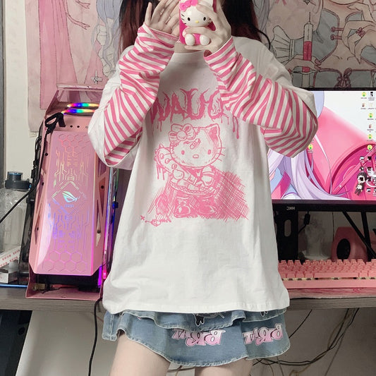 Retro Cartoon Print Fake Two Long Sleeves UB3452