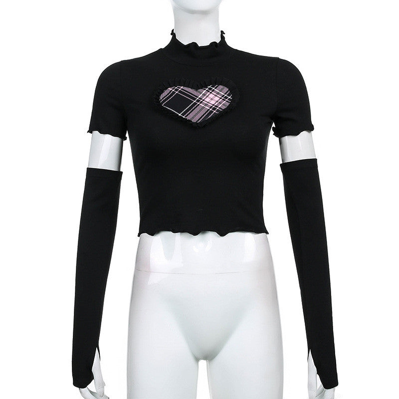 LOVE CONTRASTING COLOR SLEEVE NAVEL BARE T-SHIRT UB3326