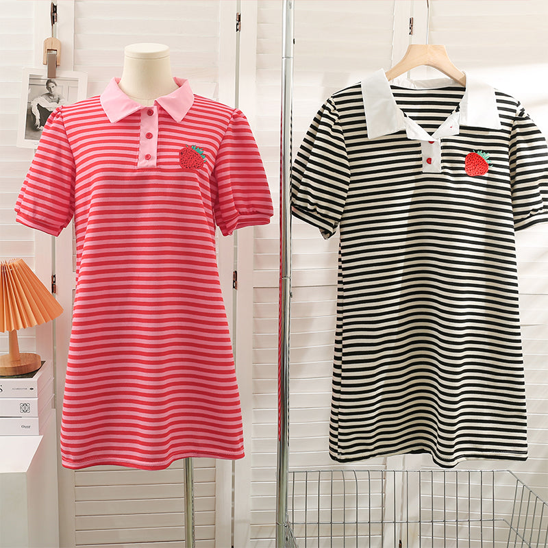 Embroidered Strawberry Stripe Polo Neck Dress Long T-Shirt Dress UB6302