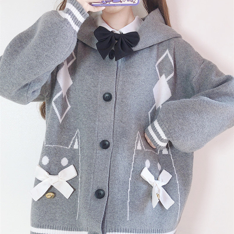 Bell Cat Bowknot Cardigan Diamond Hooded JK Sweater UB3480