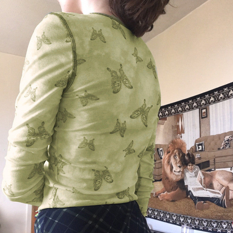 Green Butterfly Print Crew Neck Long Sleeve Shirt ER5814