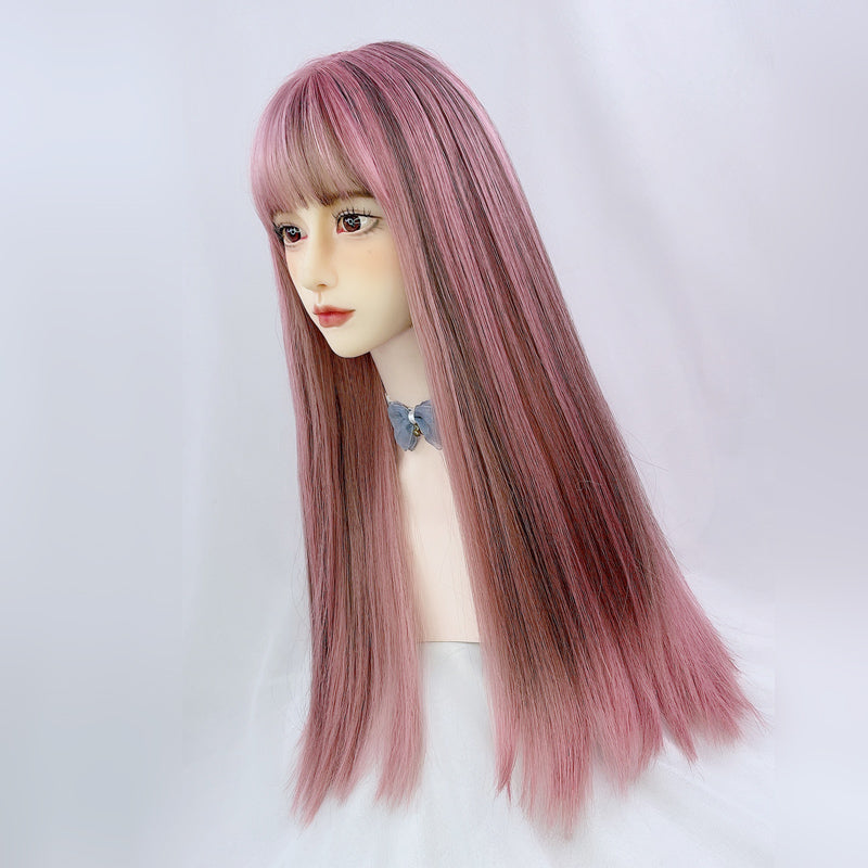 Sweet Cute Pink Brown Highlights Long Straight Wig UB6221