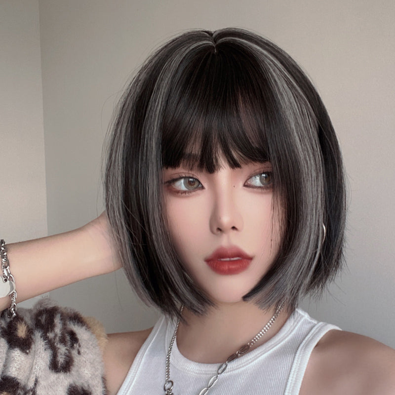 White Highlighting Black Short Straight Hair Wig UB3508