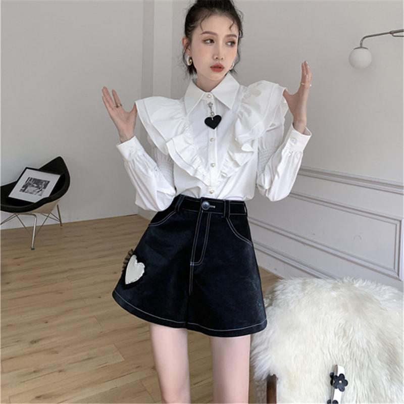 White Shirt Puff Sleeve Top/Black Shorts UB3221