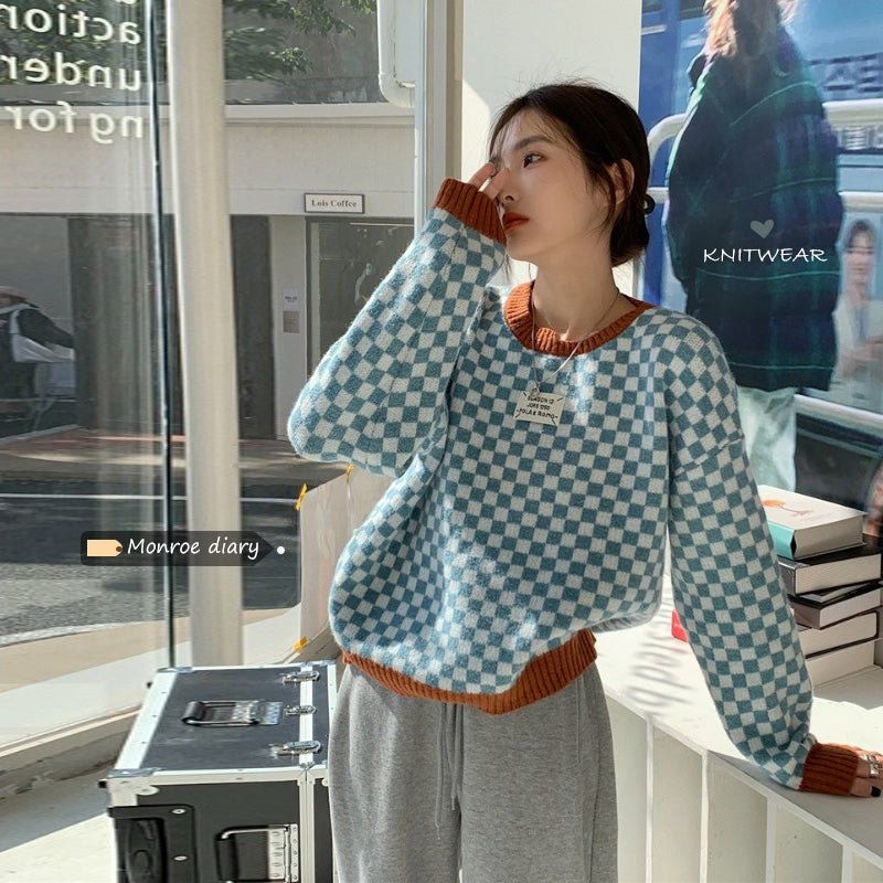 Sweater Checkerboard Plaid Short Sweater UB6161