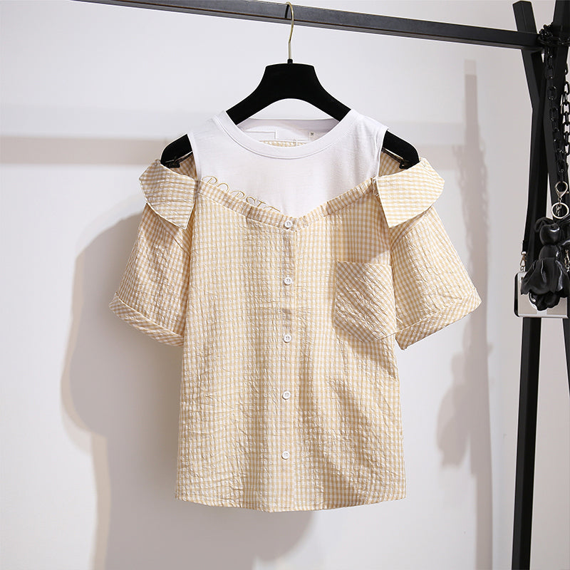 Plaid Strapless Shirt Short Pants Two piece Set UB6307