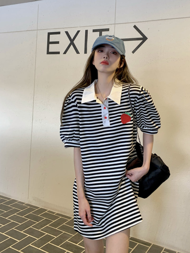 Embroidered Strawberry Stripe Polo Neck Dress Long T-Shirt Dress UB6302