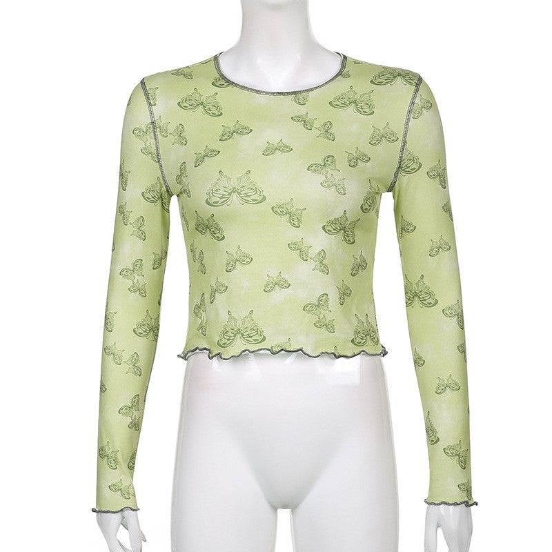 Green Butterfly Print Crew Neck Long Sleeve Shirt ER5814