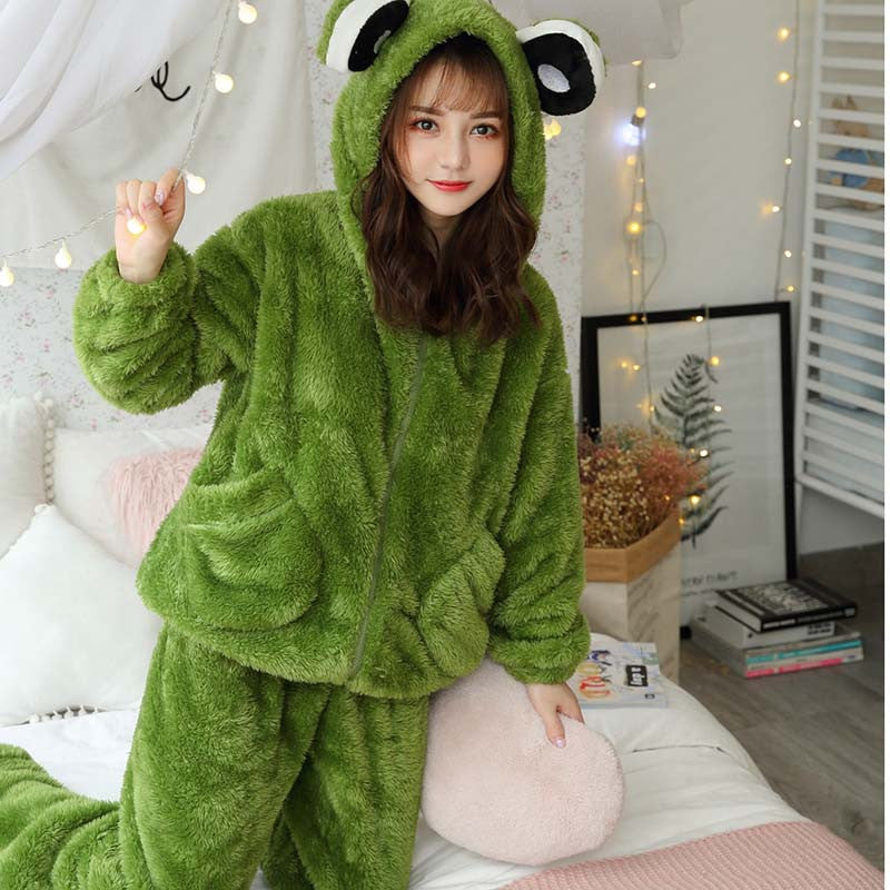 Cute Little Dinosaur Frog Coral Fleece Hooded Pajamas UB3347
