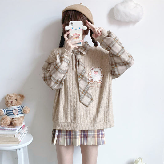 CUTE BEAR SWEATER SHIRT STITCHING FAKE TWO PIECES UB3402