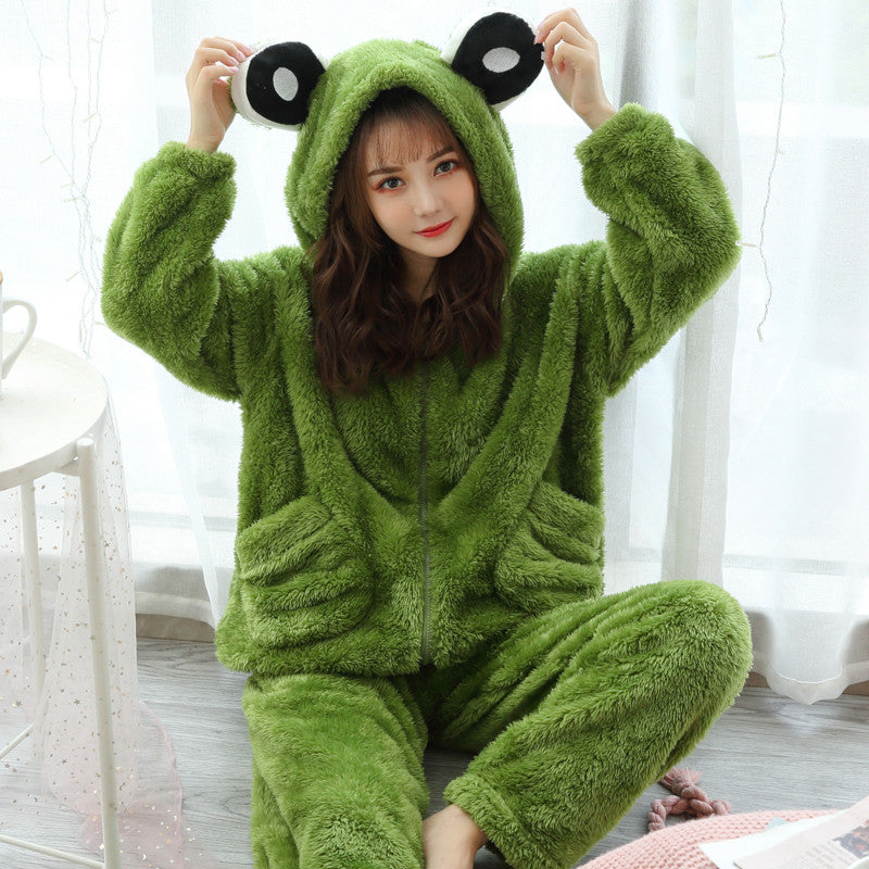 Cute Little Dinosaur Frog Coral Fleece Hooded Pajamas UB3347