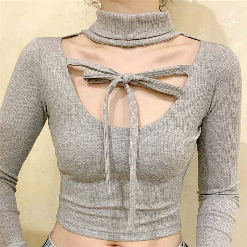 Cute Bow Sexy Babes Backless Long Sleeve Top UB6255