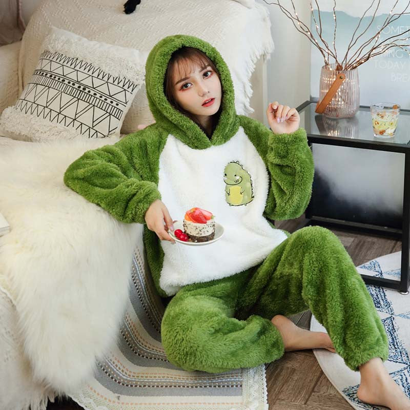 Cute Little Dinosaur Frog Coral Fleece Hooded Pajamas UB3347