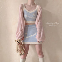 Letter Heart Knit Camisole Skirt Cream Blue Suit UB6256