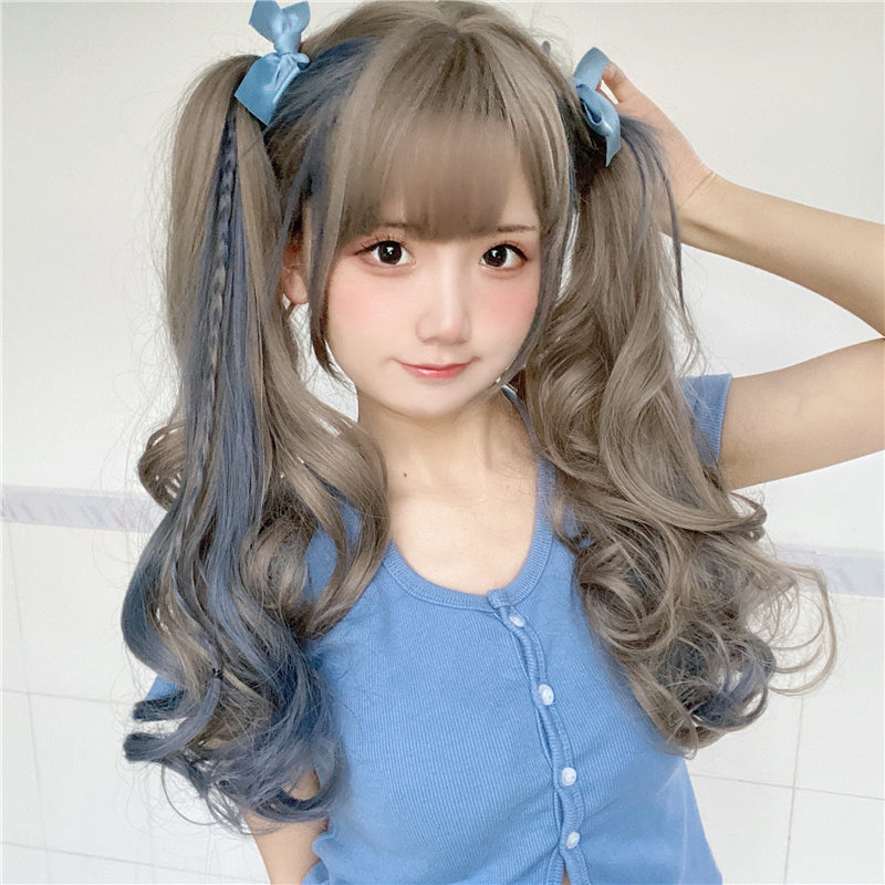 Lolita Smoke Grey Blue Highlight Long Curly Wig UB6166