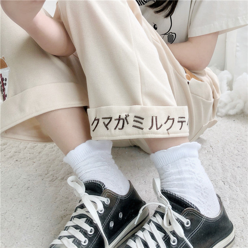 SWEET CUTE BEAR EMBROIDERY WIDE LEG PANTS UB3401