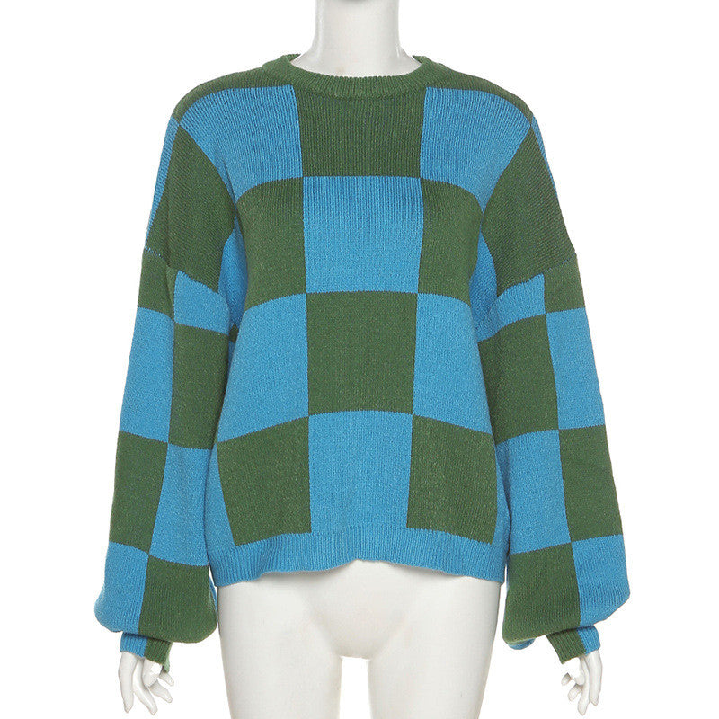 Green Stitching Plaid Pullover Sweater ER5839