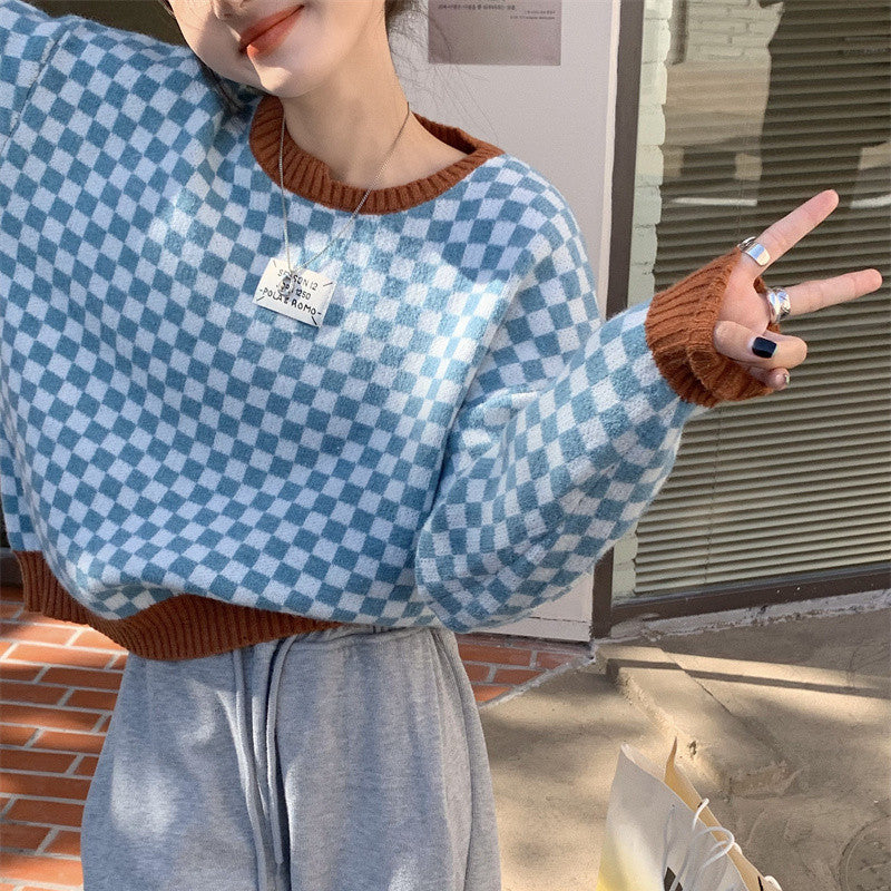 Sweater Checkerboard Plaid Short Sweater UB6161