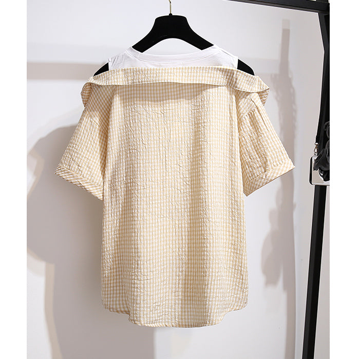 Plaid Strapless Shirt Short Pants Two piece Set UB6307