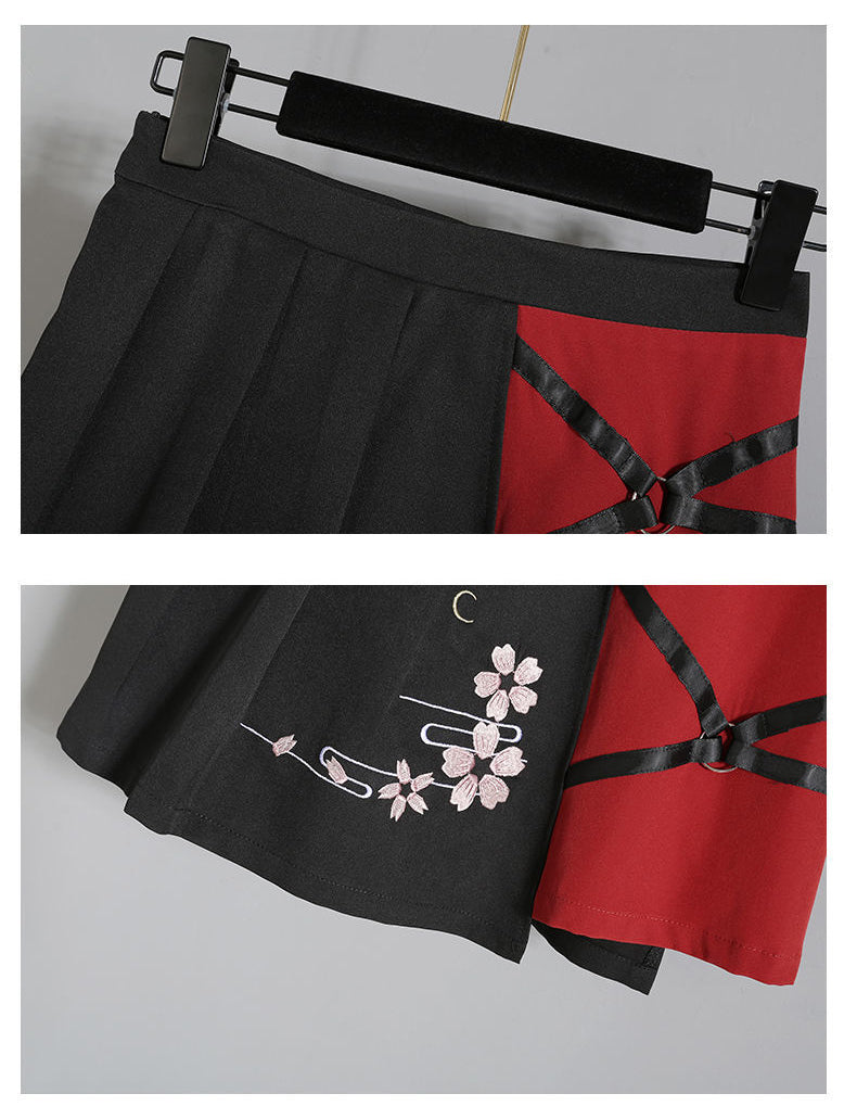 Vintage Harajuku Sakura Fox Print Lace Up T-Shirt Skirt Set UB6309