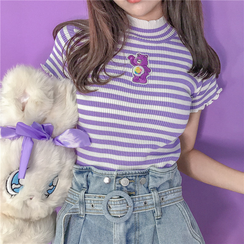 "CUTE EMBROIDERED STRIPED STRETCH-KNIT" SHORT SLEEVE Y032503