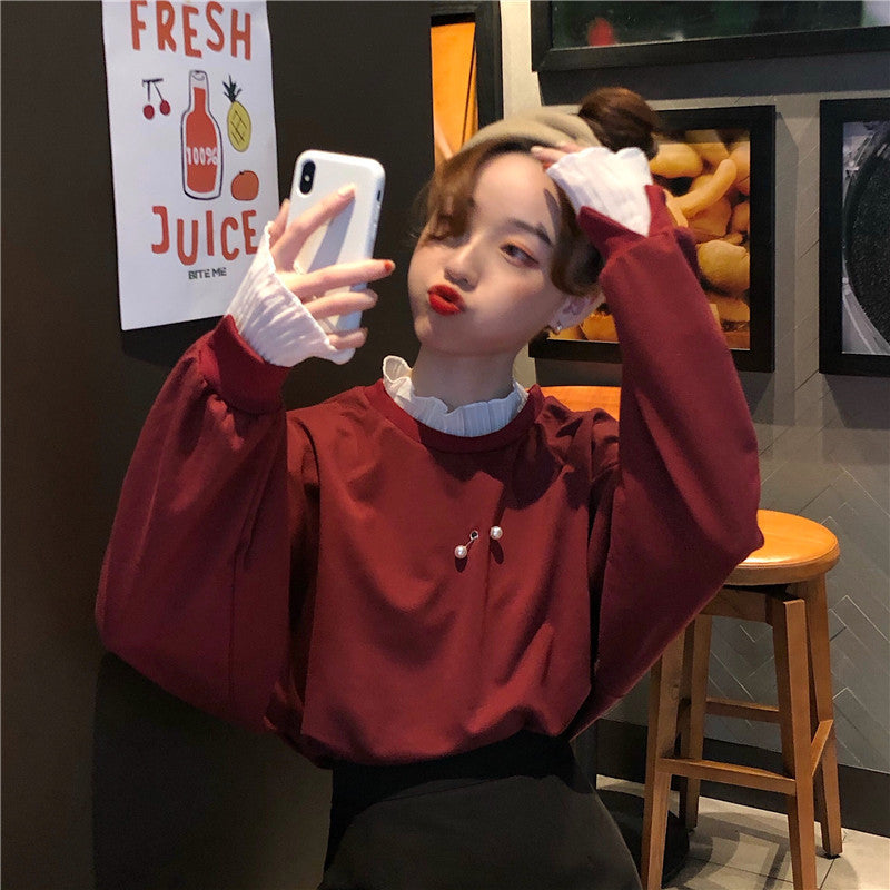 RED/BLACK BEADED LONG SLEEVE PULLOVER UB3363