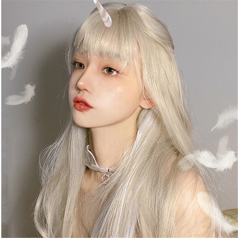 Golden Hanging Ears Dyed White Long Straight Wig ER5784