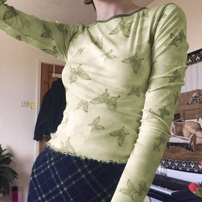 Green Butterfly Print Crew Neck Long Sleeve Shirt ER5814