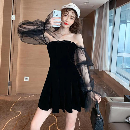 Black Puff Sleeve Off-shoulder Velvet Pleated Dress  UB96037