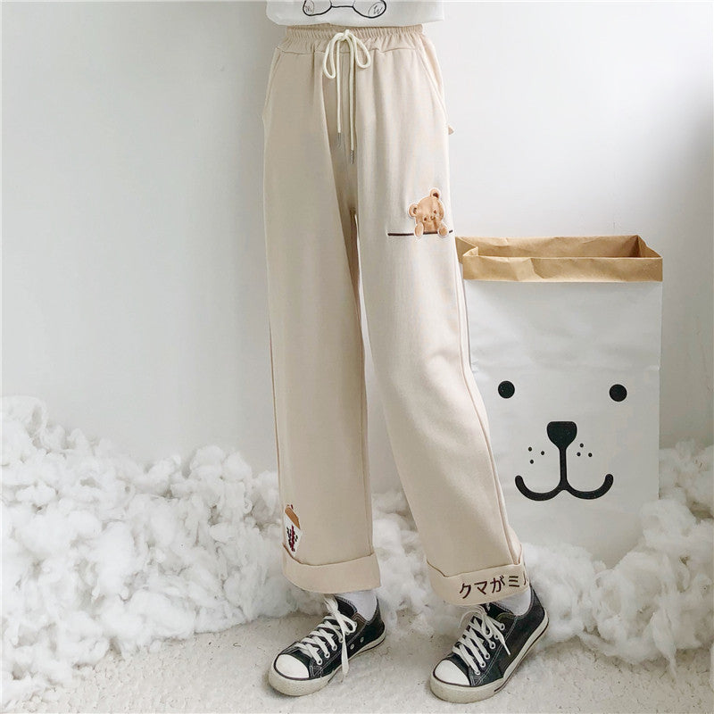 SWEET CUTE BEAR EMBROIDERY WIDE LEG PANTS UB3401