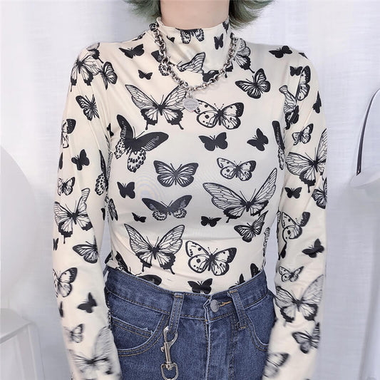 "BUTTERFLY HIGH COLLAR TIGHT" LONG SLEEVE TOP K060402
