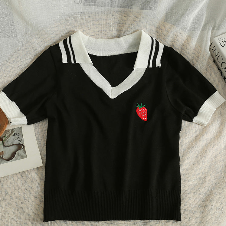 Embroidered Strawberry Lapel Short Sleeve T-Shirt UB6303